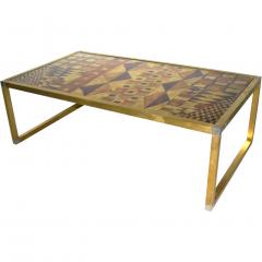 1970s Italian Art Deco Abstract Design Brass Coffee Sofa Table with Gold Leaf - 635882