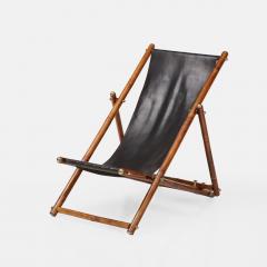 1970s Italian Bamboo and Black Leather Sling Reclining Campaign Chair - 3215139