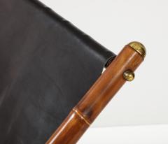 1970s Italian Bamboo and Black Leather Sling Reclining Campaign Chair - 3215146
