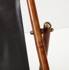 1970s Italian Bamboo and Black Leather Sling Reclining Campaign Chair - 3215147
