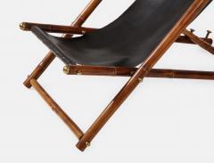 1970s Italian Bamboo and Black Leather Sling Reclining Campaign Chair - 3215148