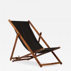 1970s Italian Bamboo and Black Leather Sling Reclining Campaign Chair - 3216677