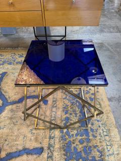 1970s Italian Geometric Brass Side Table with Blue Glass Top - 4479395