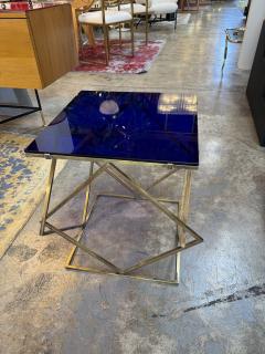 1970s Italian Geometric Brass Side Table with Blue Glass Top - 4479396