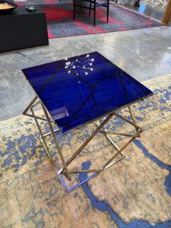 1970s Italian Geometric Brass Side Table with Blue Glass Top - 4479398