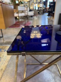 1970s Italian Geometric Brass Side Table with Blue Glass Top - 4479399