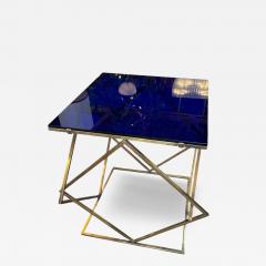 1970s Italian Geometric Brass Side Table with Blue Glass Top - 4483708
