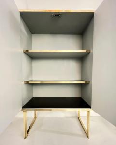 1970s Italian Vintage Art Deco Geometric Gold Brass Black Glass Tall Cabinet - 4295183