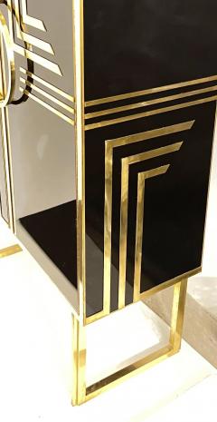 1970s Italian Vintage Art Deco Geometric Gold Brass Black Glass Tall Cabinet - 4295184