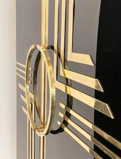 1970s Italian Vintage Art Deco Geometric Gold Brass Black Glass Tall Cabinet - 4295185