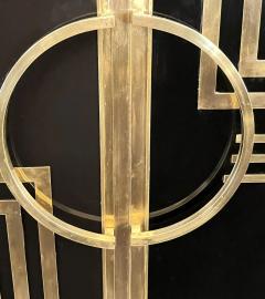 1970s Italian Vintage Art Deco Geometric Gold Brass Black Glass Tall Cabinet - 4295186