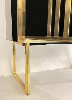 1970s Italian Vintage Art Deco Geometric Gold Brass Black Glass Tall Cabinet - 4295187