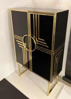 1970s Italian Vintage Art Deco Geometric Gold Brass Black Glass Tall Cabinet - 4295188
