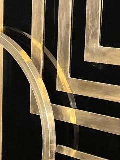 1970s Italian Vintage Art Deco Geometric Gold Brass Black Glass Tall Cabinet - 4295190