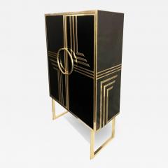 1970s Italian Vintage Art Deco Geometric Gold Brass Black Glass Tall Cabinet - 4296900