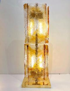 1970s Italy Sculpture Pair Amber Orange Scroll Pattern Murano Glass Table Lamps - 4221073