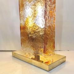 1970s Italy Sculpture Pair Amber Orange Scroll Pattern Murano Glass Table Lamps - 4221076