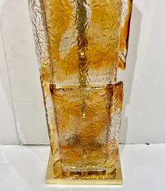 1970s Italy Sculpture Pair Amber Orange Scroll Pattern Murano Glass Table Lamps - 4221080