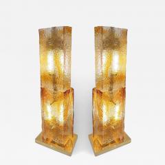 1970s Italy Sculpture Pair Amber Orange Scroll Pattern Murano Glass Table Lamps - 4225594