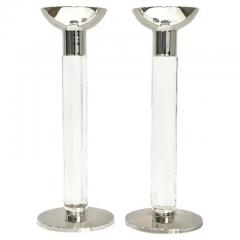 1970s Mid Century Modern French Pair of Crystal Chrome Faceted Candle Holders - 4283912