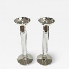 1970s Mid Century Modern French Pair of Crystal Chrome Faceted Candle Holders - 4287890
