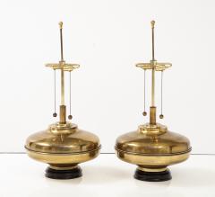 1970s Modern Oversized Brass Table Lamps With Wood Lacquered Bases - 2934890