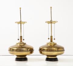 1970s Modern Oversized Brass Table Lamps With Wood Lacquered Bases - 2934892