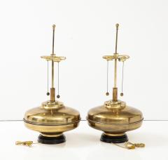 1970s Modern Oversized Brass Table Lamps With Wood Lacquered Bases - 2934898