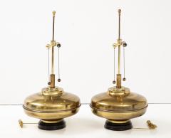 1970s Modern Oversized Brass Table Lamps With Wood Lacquered Bases - 2934899