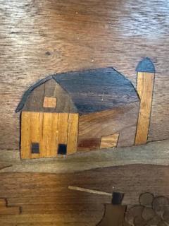 1970s Outsider Artist Country Solid Slab Bench with Marquetry Barn Scene - 3808289