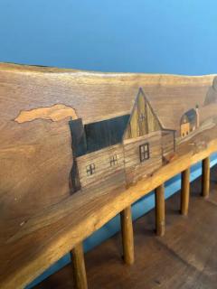 1970s Outsider Artist Country Solid Slab Bench with Marquetry Barn Scene - 3808290