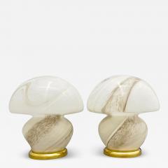 1970s Vintage Italian Pair of Alabaster Murano Glass and Brass Mushroom Lamps - 3976581