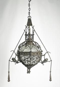 1970s Wrought Iron Glass Custom Chandelier - 3067865