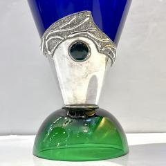 1980 Domar Israel Art Nouveau Style Green Cobalt Blue Glass Silver Bottle - 3667845