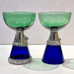 1980 Domar Israel Art Nouveau Style Green Cobalt Blue Glass Silver Vase Glasses - 3667614