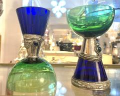 1980 Domar Israel Art Nouveau Style Green Cobalt Blue Glass Silver Vase Glasses - 3667617