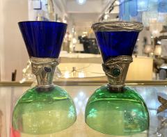 1980 Domar Israel Art Nouveau Style Green Cobalt Blue Glass Silver Vase Glasses - 3667618