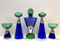 1980 Domar Israel Art Nouveau Style Green Cobalt Blue Glass Silver Vase Glasses - 3667619