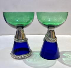 1980 Domar Israel Art Nouveau Style Green Cobalt Blue Glass Silver Vase Glasses - 3667620
