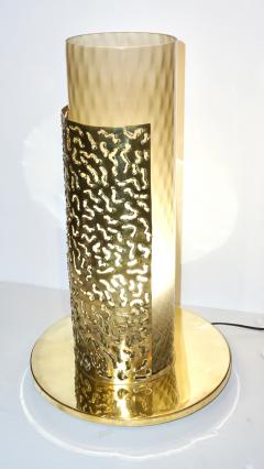 1980 Italian Brutalist Pair of Cream Beige Murano Glass Round Brass Table Lamps - 1647036