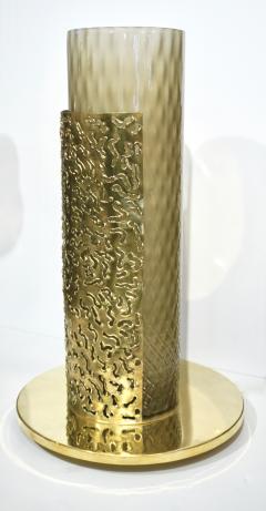 1980 Italian Brutalist Pair of Cream Beige Murano Glass Round Brass Table Lamps - 1647042