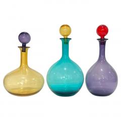 1980s Italian Set 3 Tall Bright Teal Amber Purple Murano Glass Modern Bottles - 4267956