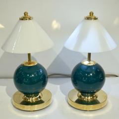 1980s Italian Vintage White Jade Green Murano Glass Brass Desk Table Lamps - 2029379