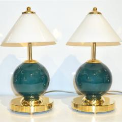 1980s Italian Vintage White Jade Green Murano Glass Brass Desk Table Lamps - 2029380