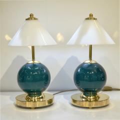 1980s Italian Vintage White Jade Green Murano Glass Brass Desk Table Lamps - 2029381