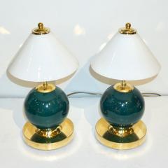 1980s Italian Vintage White Jade Green Murano Glass Brass Desk Table Lamps - 2029388