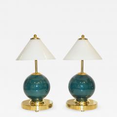 1980s Italian Vintage White Jade Green Murano Glass Brass Desk Table Lamps - 2030216