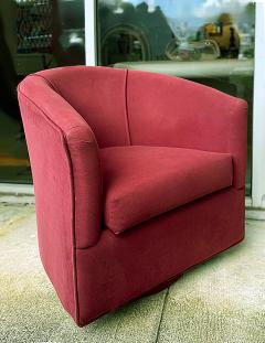 1980s Vintage Upholstered Swivel Barrel Back Club Chairs Pair Original Fabric - 4342156