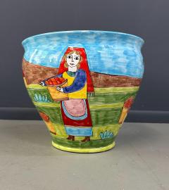 1990s Nino Parrucca Large Ceramic Plantert in Vivid Colors Scenes - 4157982
