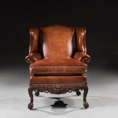 19TH C MAHOGANY LEATHER UPHOLSTERED WINGBACK ARMCHAIR IN THE GEORGE II MANNER - 2532346